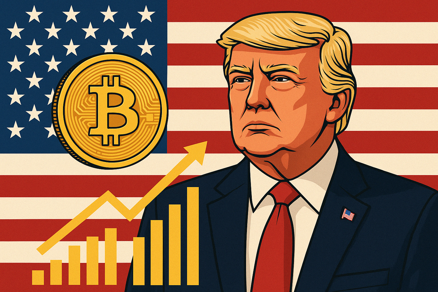  Illustration of Donald Trump with a Bitcoin coin, upward-trending graph, and American flag, branded with the Crypto Dispensers logo to signify company sponsorship.
